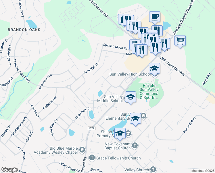 map of restaurants, bars, coffee shops, grocery stores, and more near 1080 Shumard Circle in Indian Trail