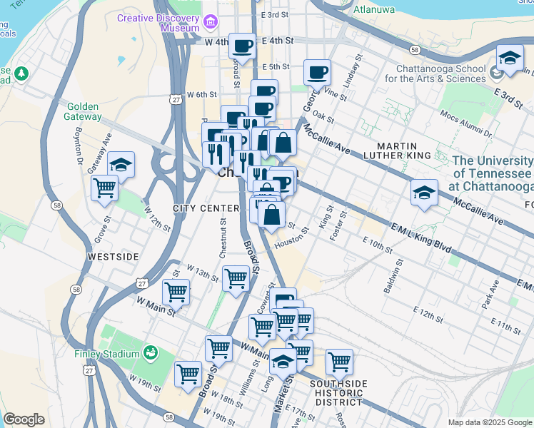 map of restaurants, bars, coffee shops, grocery stores, and more near 16 East 11th Street in Chattanooga