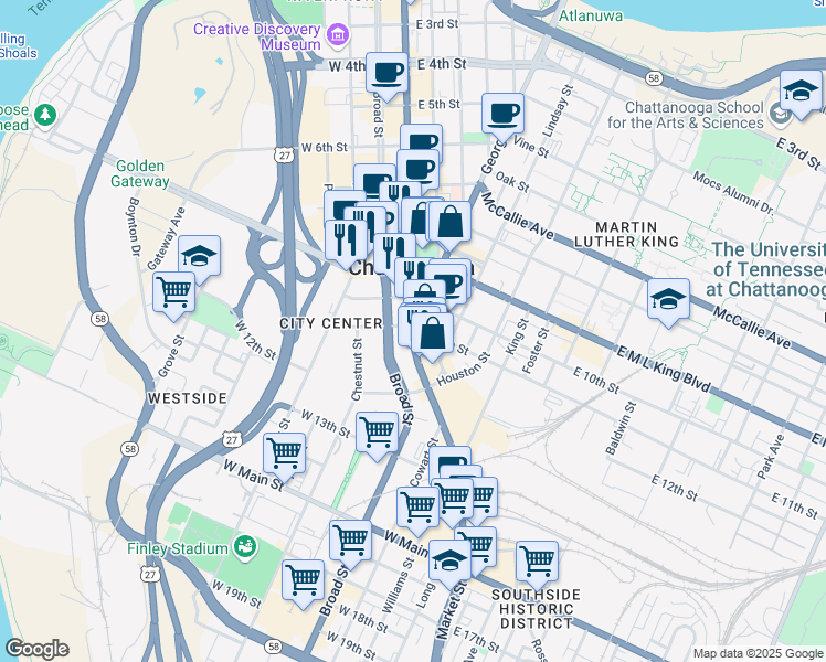 map of restaurants, bars, coffee shops, grocery stores, and more near 16 East 11th Street in Chattanooga