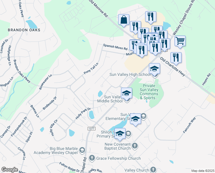 map of restaurants, bars, coffee shops, grocery stores, and more near 1080 Shumard Circle in Indian Trail