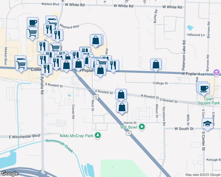 map of restaurants, bars, coffee shops, grocery stores, and more near 129 Collierville Court in Collierville