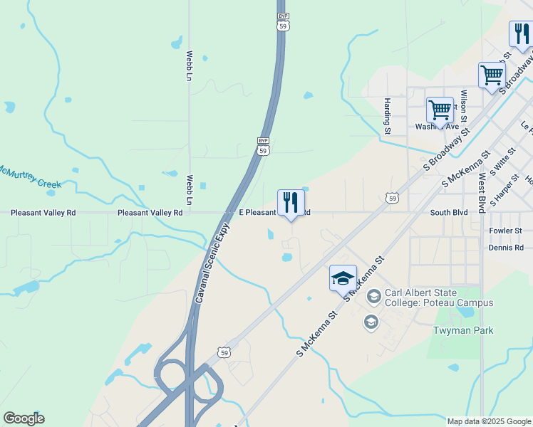 map of restaurants, bars, coffee shops, grocery stores, and more near 307 East Pleasant Valley Road in Poteau
