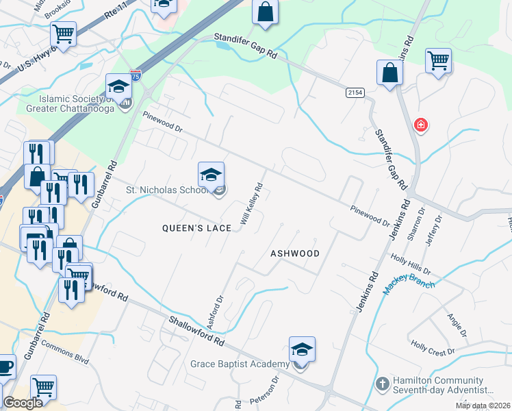 map of restaurants, bars, coffee shops, grocery stores, and more near 2522 Will Kelley Road in Chattanooga