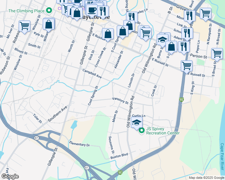 map of restaurants, bars, coffee shops, grocery stores, and more near 415 Alfred Street in Fayetteville