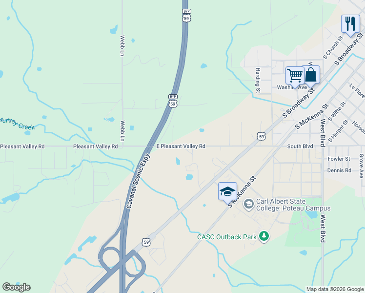 map of restaurants, bars, coffee shops, grocery stores, and more near East Pleasant Valley Road in Poteau