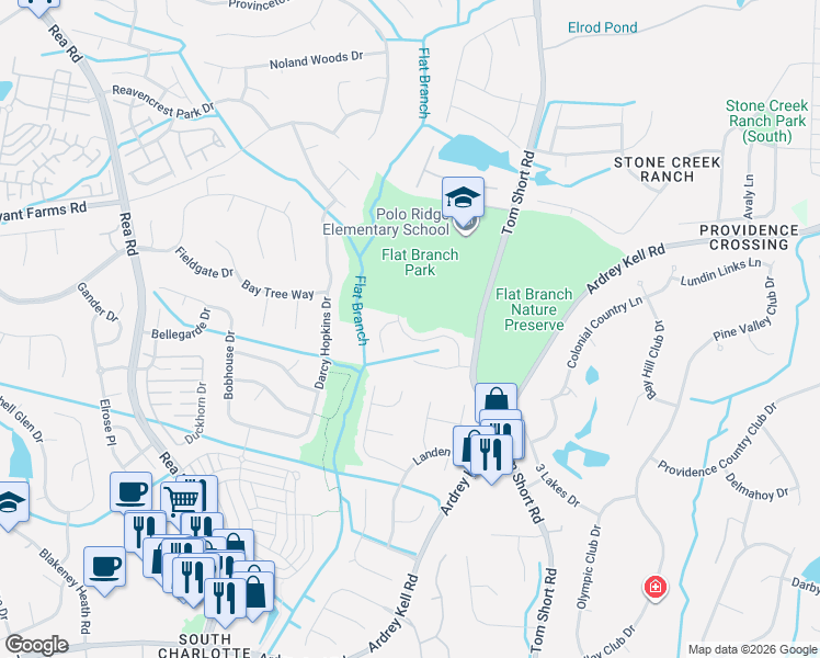 map of restaurants, bars, coffee shops, grocery stores, and more near 12003 Humboldt Drive in Charlotte