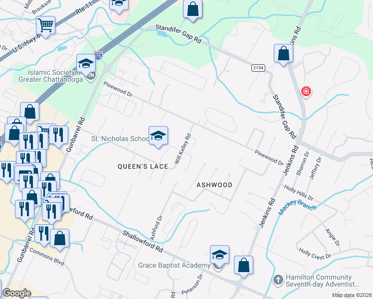 map of restaurants, bars, coffee shops, grocery stores, and more near 2522 Will Kelley Road in Chattanooga