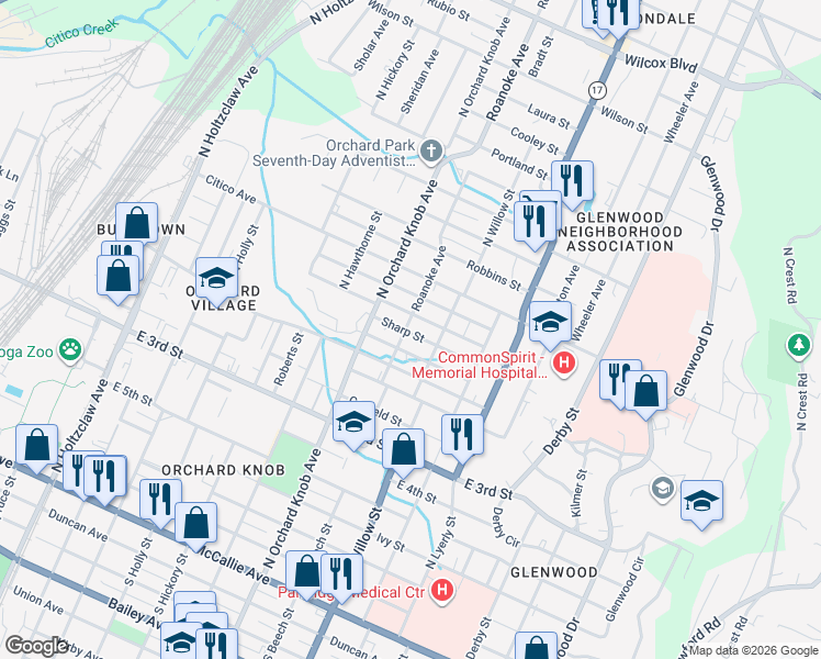map of restaurants, bars, coffee shops, grocery stores, and more near 1917 Jackson Street in Chattanooga
