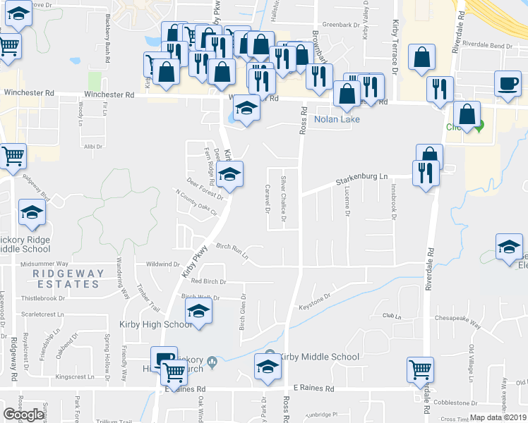 map of restaurants, bars, coffee shops, grocery stores, and more near 3813 Caravel Drive in Memphis