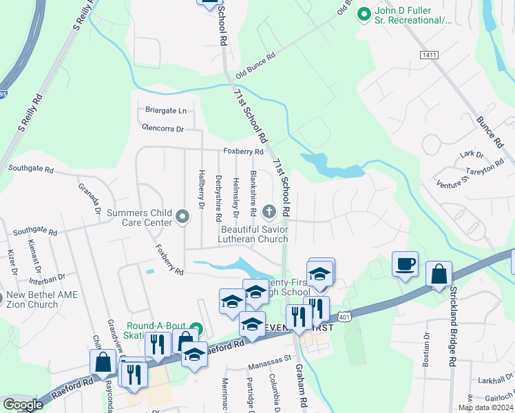 map of restaurants, bars, coffee shops, grocery stores, and more near 1171 Blankshire Road in Fayetteville