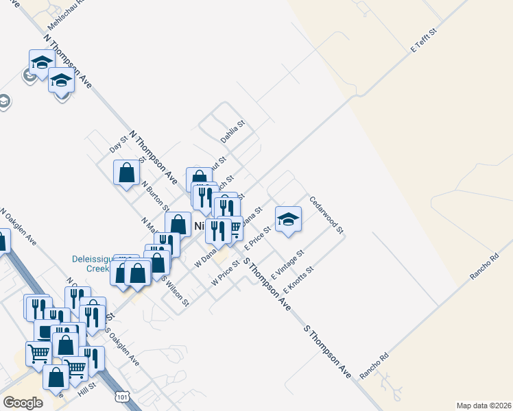 map of restaurants, bars, coffee shops, grocery stores, and more near 171 East Dana Street in Nipomo
