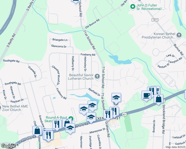 map of restaurants, bars, coffee shops, grocery stores, and more near 1171 Blankshire Road in Fayetteville