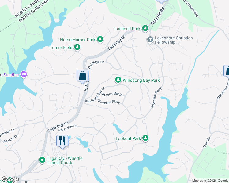 map of restaurants, bars, coffee shops, grocery stores, and more near 1095 Windsong Bay Lane in Tega Cay