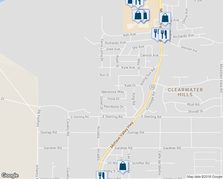 map of restaurants, bars, coffee shops, grocery stores, and more near 1553 Mariposa Way in Bullhead City