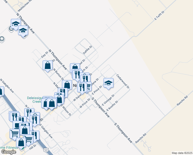 map of restaurants, bars, coffee shops, grocery stores, and more near 171 East Dana Street in Nipomo