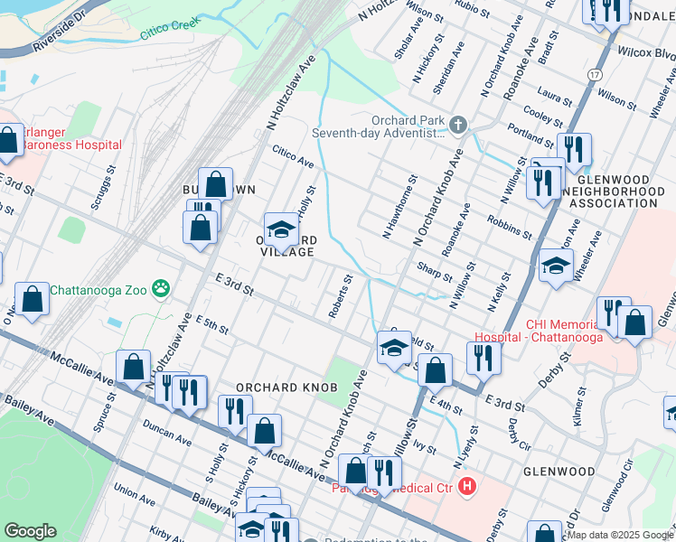 map of restaurants, bars, coffee shops, grocery stores, and more near 444 North Hickory Street in Chattanooga