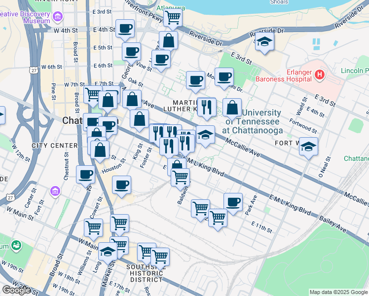 map of restaurants, bars, coffee shops, grocery stores, and more near University Street in Chattanooga