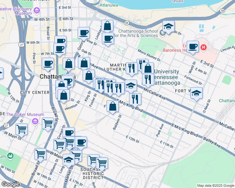 map of restaurants, bars, coffee shops, grocery stores, and more near University Street in Chattanooga