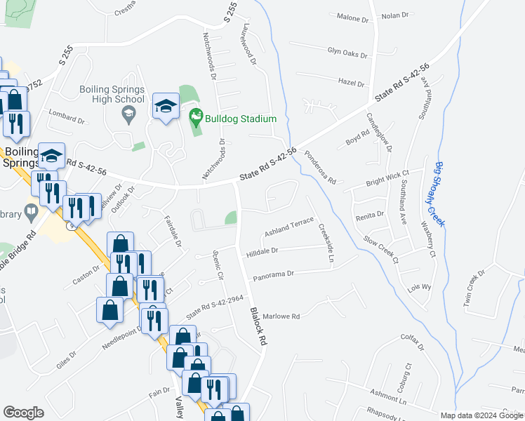 map of restaurants, bars, coffee shops, grocery stores, and more near 508 Millsgate Circle in Boiling Springs