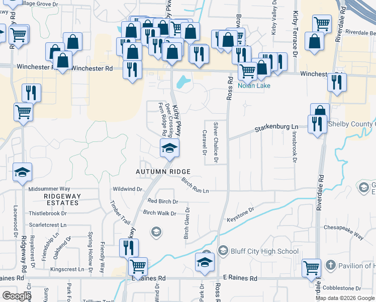 map of restaurants, bars, coffee shops, grocery stores, and more near 3812 Kirby Parkway in Memphis
