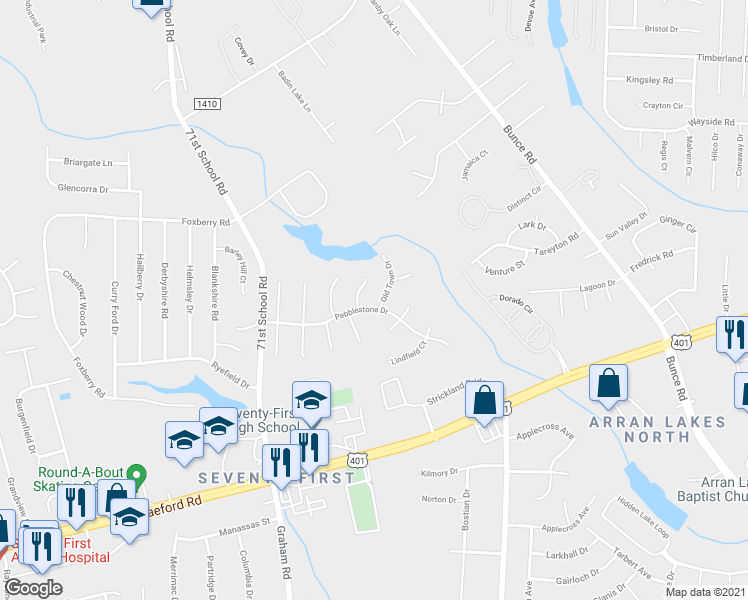 map of restaurants, bars, coffee shops, grocery stores, and more near 1430 Old Town Drive in Fayetteville