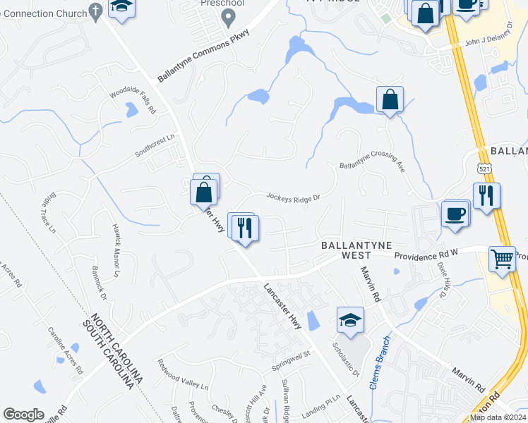 map of restaurants, bars, coffee shops, grocery stores, and more near 14917 Edindale Drive in Charlotte