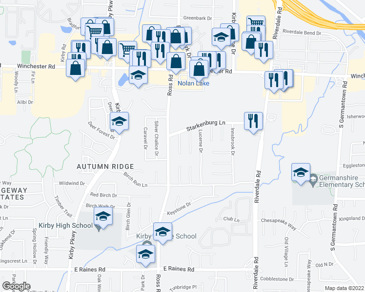 map of restaurants, bars, coffee shops, grocery stores, and more near 3820 Lawrenceton Cove in Memphis