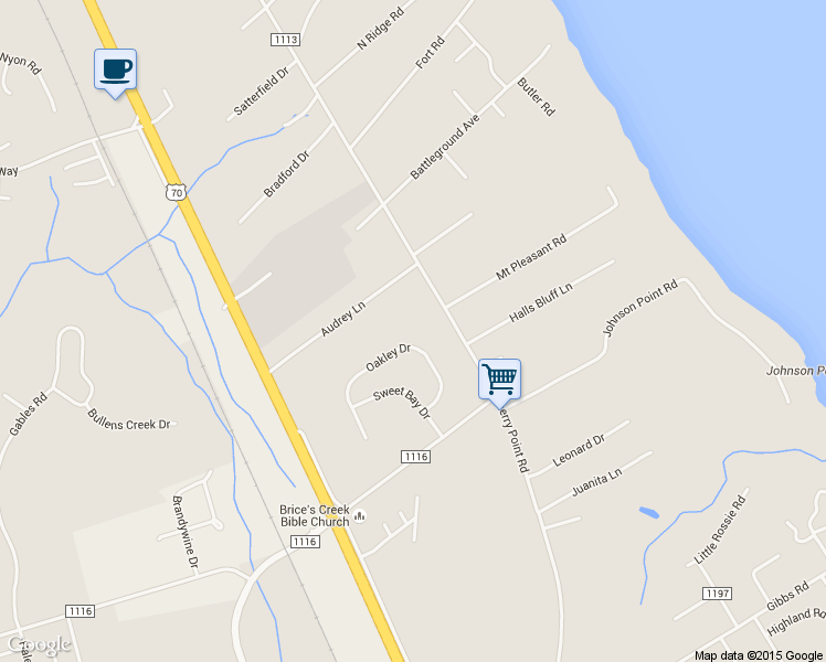 map of restaurants, bars, coffee shops, grocery stores, and more near 128 Oakley Drive in New Bern