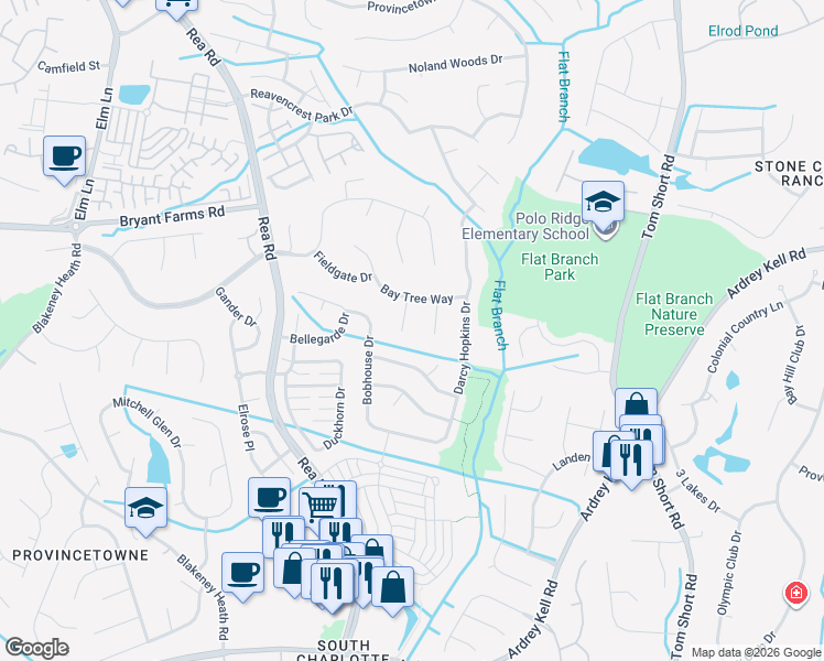 map of restaurants, bars, coffee shops, grocery stores, and more near 8723 Totteridge Drive in Charlotte