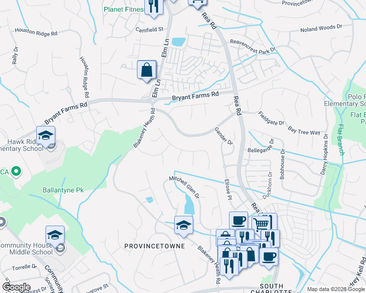 map of restaurants, bars, coffee shops, grocery stores, and more near 11832 Parks Farm Lane in Charlotte