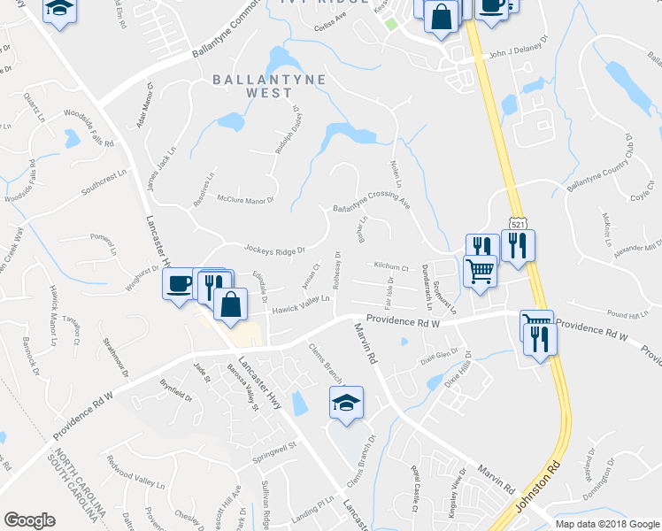 map of restaurants, bars, coffee shops, grocery stores, and more near 15010 Annan Court in Charlotte