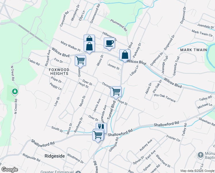 map of restaurants, bars, coffee shops, grocery stores, and more near 3303 Through Street in Chattanooga