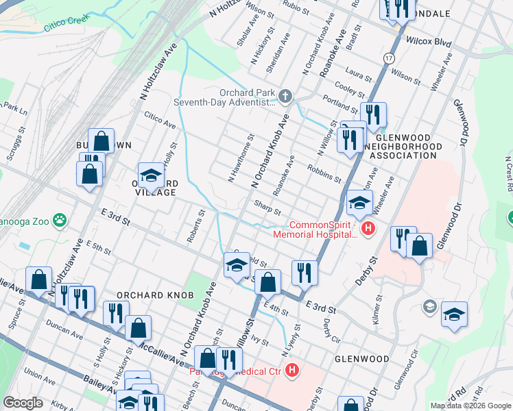map of restaurants, bars, coffee shops, grocery stores, and more near 1820 Jackson Street in Chattanooga