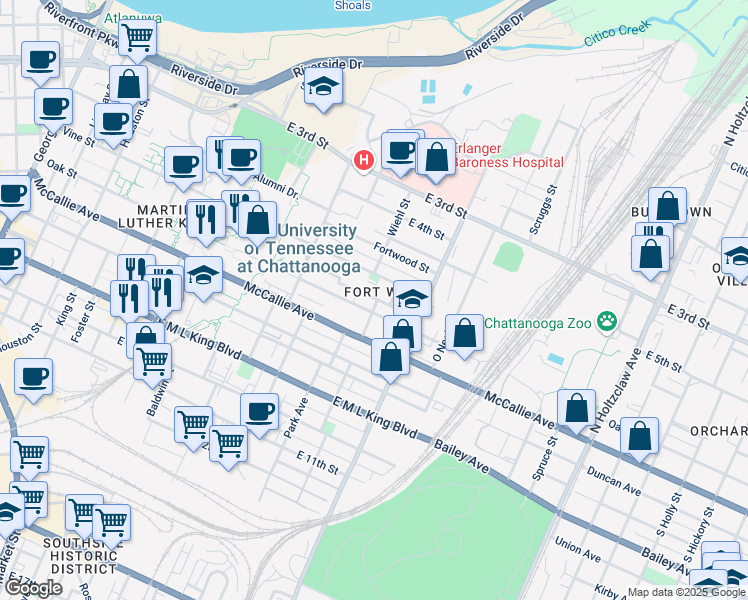 map of restaurants, bars, coffee shops, grocery stores, and more near 900 Vine Street in Chattanooga