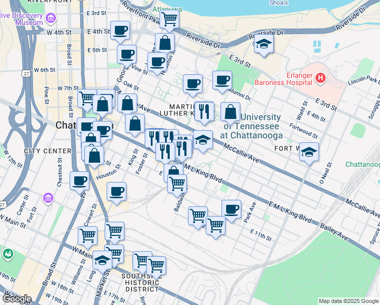 map of restaurants, bars, coffee shops, grocery stores, and more near 815 University Street in Chattanooga