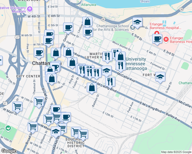 map of restaurants, bars, coffee shops, grocery stores, and more near 815 University Street in Chattanooga