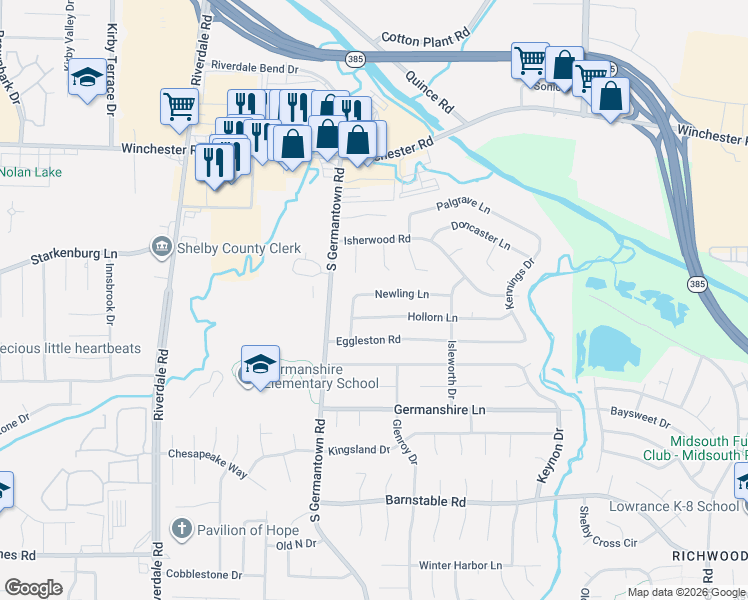 map of restaurants, bars, coffee shops, grocery stores, and more near 3819 Selfridge Cove in Memphis