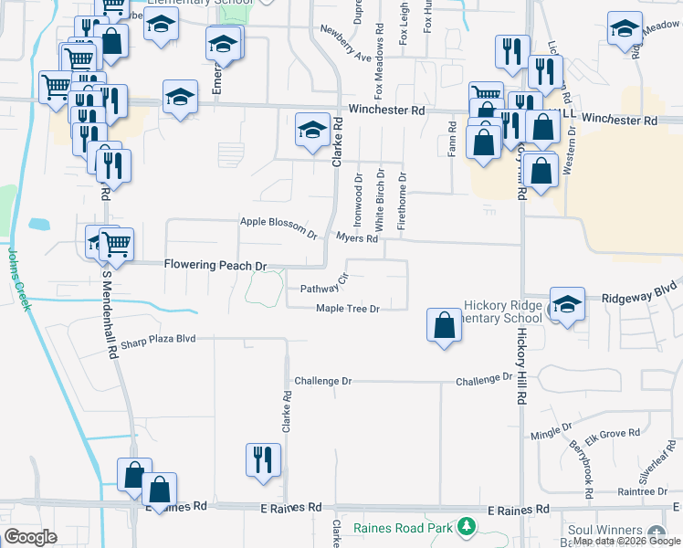map of restaurants, bars, coffee shops, grocery stores, and more near 3820 Clarke Road in Memphis