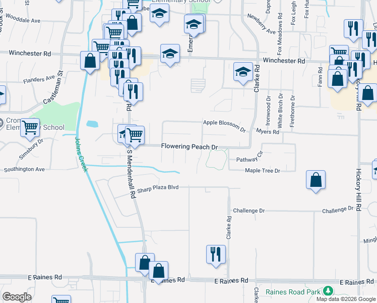 map of restaurants, bars, coffee shops, grocery stores, and more near 5456 Flowering Peach Drive in Memphis
