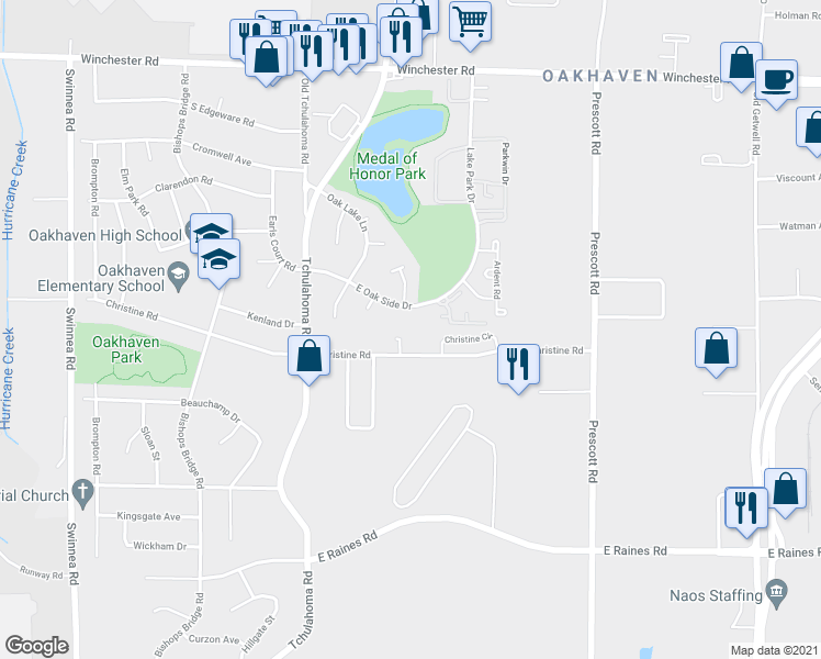 map of restaurants, bars, coffee shops, grocery stores, and more near 3389 East Oak Side Drive in Memphis