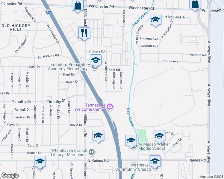 map of restaurants, bars, coffee shops, grocery stores, and more near 3822 Blue Jay Road in Memphis