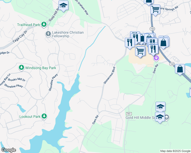 map of restaurants, bars, coffee shops, grocery stores, and more near 651 Reliance Court in Tega Cay