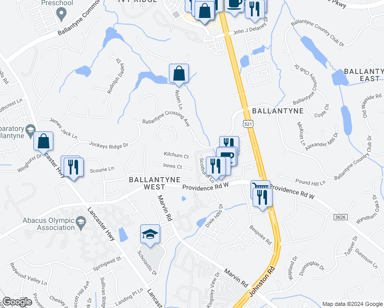 map of restaurants, bars, coffee shops, grocery stores, and more near 10404 Kilchurn Court in Charlotte