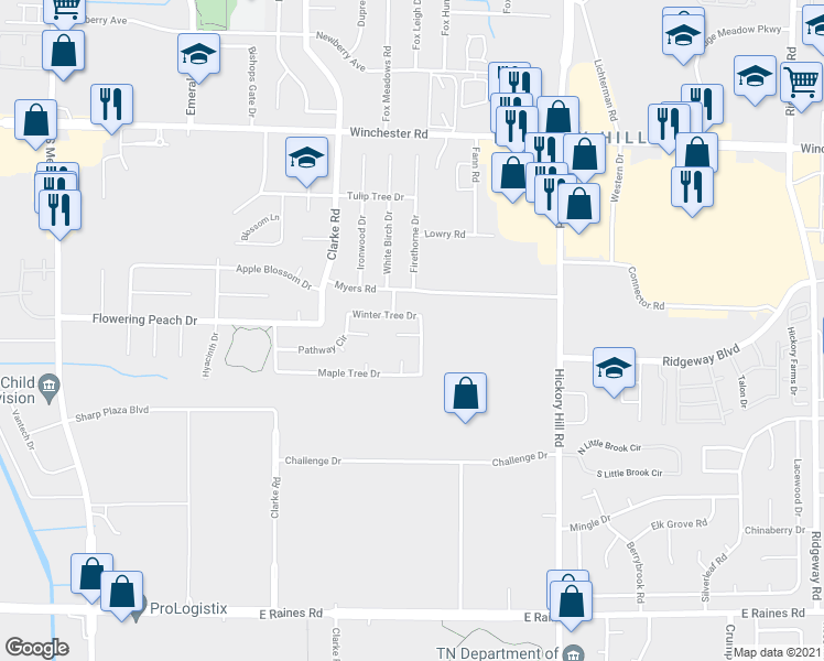 map of restaurants, bars, coffee shops, grocery stores, and more near 5742 Woodbourne Court in Memphis