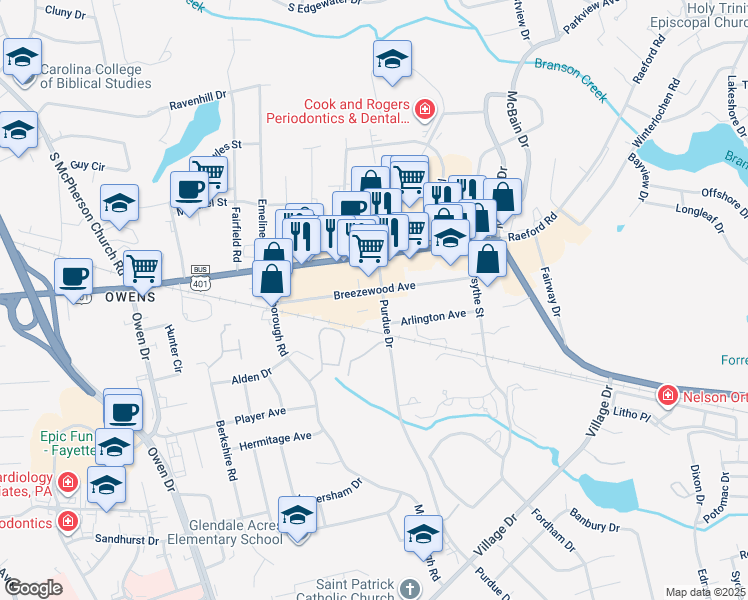 map of restaurants, bars, coffee shops, grocery stores, and more near 2822 Breezewood Avenue in Fayetteville
