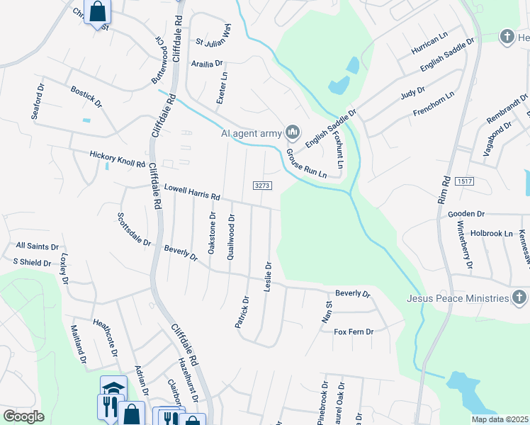 map of restaurants, bars, coffee shops, grocery stores, and more near 1000 Leslie Drive in Fayetteville