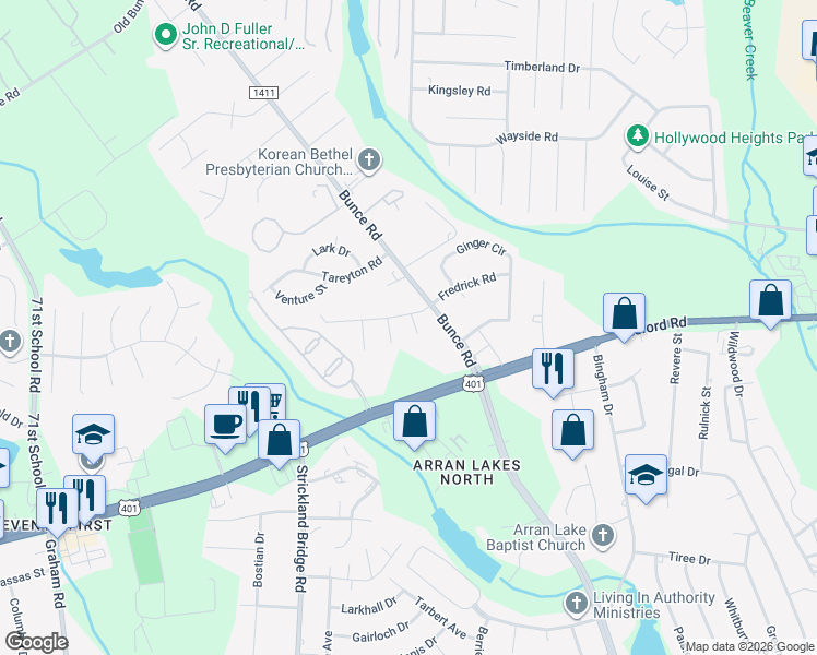 map of restaurants, bars, coffee shops, grocery stores, and more near 972 Comet Circle in Fayetteville