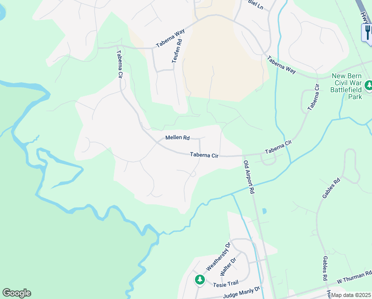 map of restaurants, bars, coffee shops, grocery stores, and more near 107 Mellen Road in New Bern