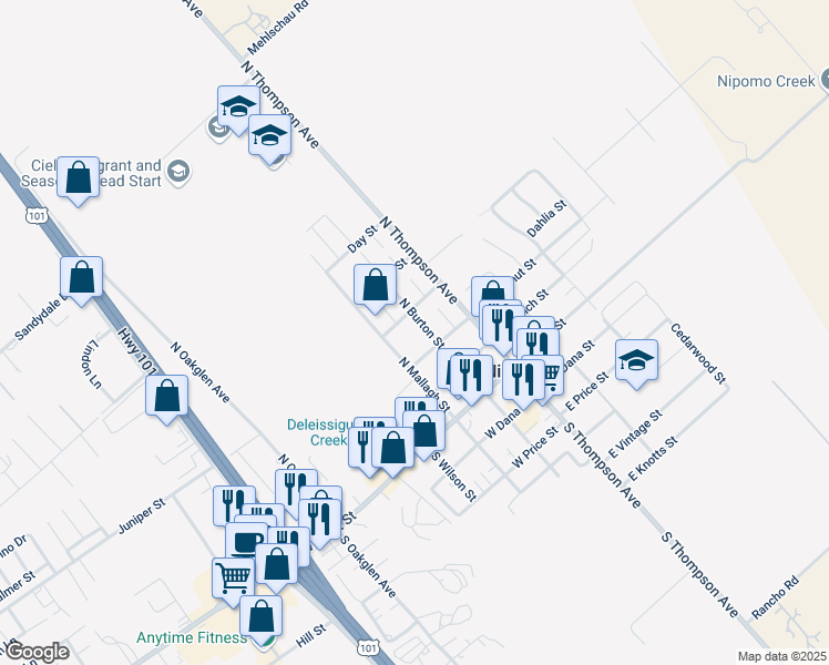 map of restaurants, bars, coffee shops, grocery stores, and more near 267 North Burton Street in Nipomo