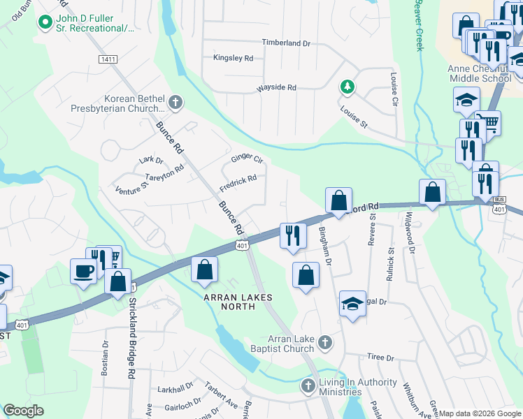 map of restaurants, bars, coffee shops, grocery stores, and more near 6450 Wilson Avenue in Fayetteville